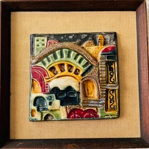 Ruth Faktor-Israeli artist-vintage-glazed ceramic-framed-city of Jerusalem